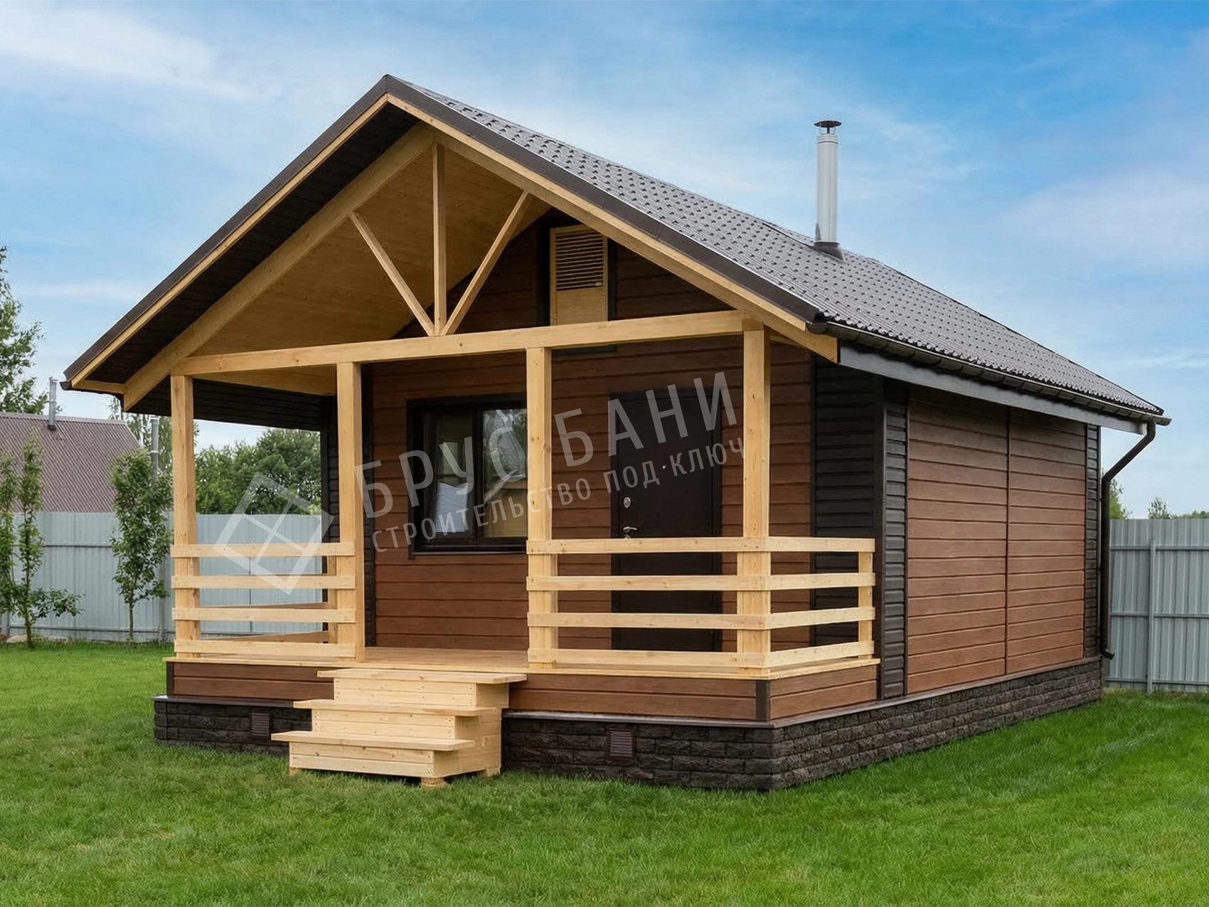 Каркасная баня с террасой