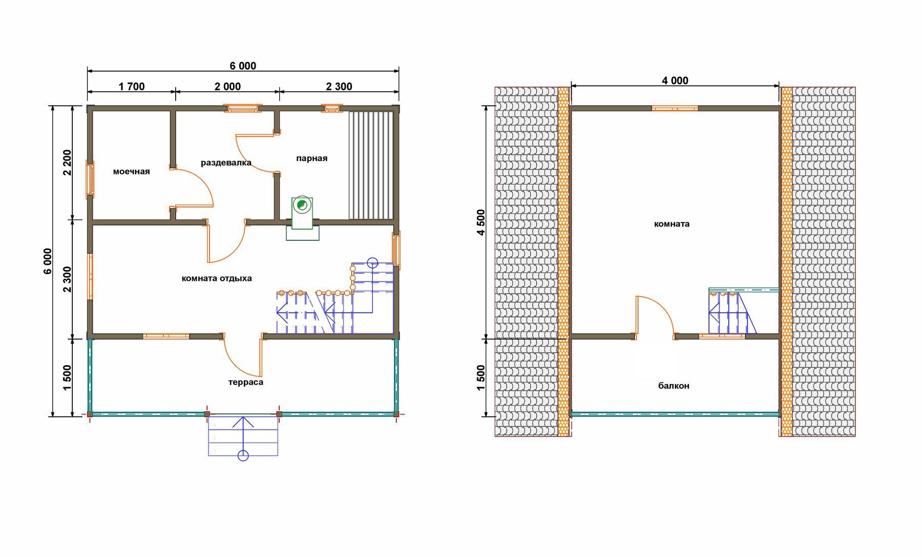 Баня из бруса 6x6 - схема